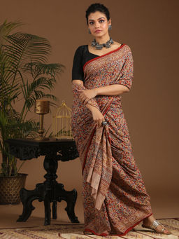 Indethnic - Kalamkari Handblock Mulmul Cotton Multi-Color Saree with Unstitched Blouse
