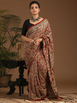 Indethnic - Kalamkari Handblock Mulmul Cotton Multi-Color Saree with Unstitched Blouse