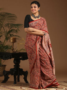 Indethnic - Kalamkari Handblock Mulmul Cotton Multi-Color Saree with Unstitched Blouse