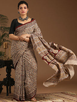 Indethnic - Kalamkari Handblock Mulmul Cotton Multi-Color Saree with Unstitched Blouse