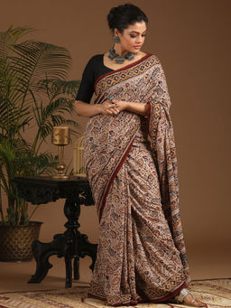 Indethnic - Kalamkari Handblock Mulmul Cotton Multi-Color Saree with Unstitched Blouse