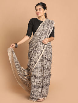 Indethnic - Kalamkari Handblock Mulmul Cotton Black Saree with Unstitched Blouse