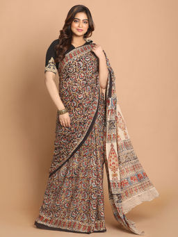 Indethnic - Kalamkari Handblock Mulmul Cotton Black Saree with Unstitched Blouse