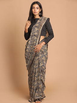 Indethnic - Kalamkari Handblock Mulmul Cotton Black Saree with Unstitched Blouse