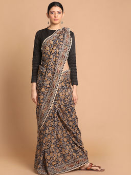 Indethnic - Kalamkari Handblock Mulmul Cotton Black Saree with Unstitched Blouse