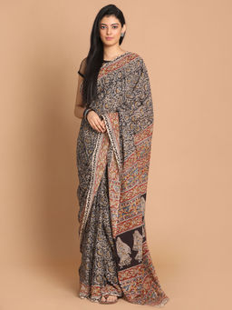 Indethnic - Kalamkari Handblock Mulmul Cotton Black Saree with Unstitched Blouse