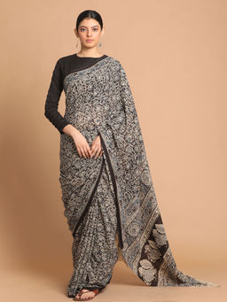 Indethnic - Kalamkari Handblock Mulmul Cotton Black Saree with Unstitched Blouse