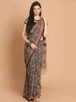 Indethnic - Kalamkari Handblock Mulmul Cotton Black Saree with Unstitched Blouse