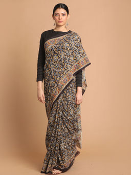 Indethnic - Kalamkari Handblock Mulmul Cotton Black Saree with Unstitched Blouse
