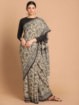 Indethnic - Kalamkari Handblock Mulmul Cotton Black Saree with Unstitched Blouse