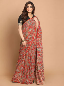 Indethnic - Kalamkari Handblock Mulmul Cotton Red Saree with Unstitched Blouse