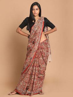 Indethnic - Kalamkari Handblock Mulmul Cotton Red Saree with Unstitched Blouse