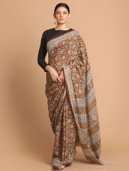 Indethnic - Kalamkari Handblock Mulmul Cotton Brown Saree with Unstitched Blouse