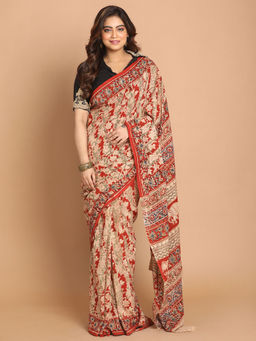 Indethnic - Kalamkari Handblock Mulmul Cotton Red Saree with Unstitched Blouse