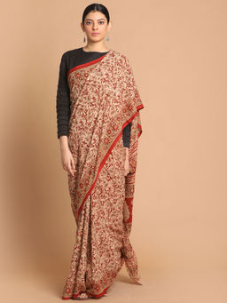 Indethnic - Kalamkari Handblock Mulmul Cotton Red Saree with Unstitched Blouse