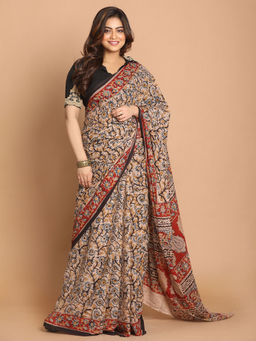 Indethnic - Kalamkari Handblock Mulmul Cotton Red Saree with Unstitched Blouse