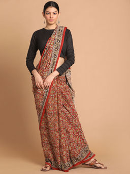 Indethnic - Kalamkari Handblock Mulmul Cotton Red Saree with Unstitched Blouse