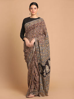 Indethnic - Kalamkari Handblock Mulmul Cotton Red Saree with Unstitched Blouse