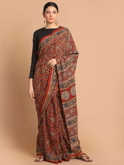 Indethnic - Kalamkari Handblock Mulmul Cotton Red Saree with Unstitched Blouse
