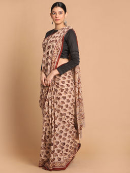 Indethnic - Kalamkari Handblock Mulmul Cotton Beige Saree with Unstitched Blouse