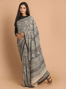 Indethnic - Kalamkari Handblock Mulmul Cotton Blue Saree with Unstitched Blouse