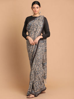 Indethnic - Kalamkari Handblock Mulmul Cotton Blue Saree with Unstitched Blouse