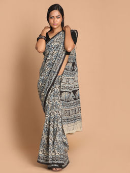 Indethnic - Kalamkari Handblock Mulmul Cotton Blue Saree with Unstitched Blouse