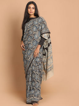 Indethnic - Kalamkari Handblock Mulmul Cotton Blue Saree with Unstitched Blouse