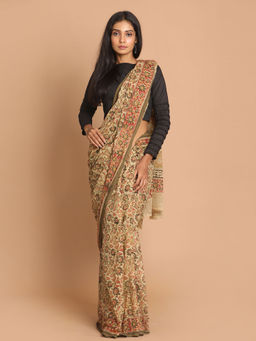 Indethnic - Kalamkari Handblock Mulmul Cotton Brown Saree with Unstitched Blouse