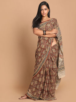 Indethnic - Kalamkari Handblock Mulmul Cotton Maroon Saree with Unstitched Blouse