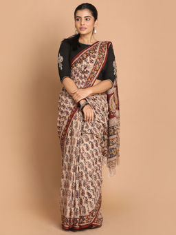Indethnic - Kalamkari Handblock Mulmul Cotton Maroon Saree with Unstitched Blouse