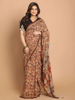 Indethnic - Kalamkari Handblock Mulmul Cotton Maroon Saree with Unstitched Blouse