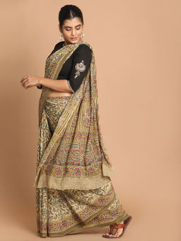 Indethnic - Kalamkari Handblock Mulmul Cotton Olive Saree with Unstitched Blouse