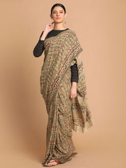 Indethnic - Kalamkari Handblock Mulmul Cotton Olive Saree with Unstitched Blouse