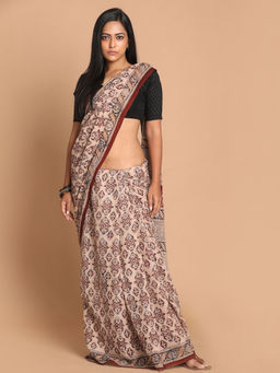 Indethnic - Kalamkari Handblock Mulmul Cotton Brown Saree with Unstitched Blouse