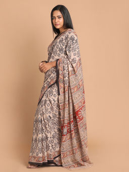 Indethnic - Kalamkari Handblock Mulmul Cotton Brown Saree with Unstitched Blouse