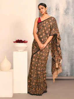 Indethnic - Kalamkari Handblock Mulmul Cotton Multi-Color Saree with Unstitched Blouse