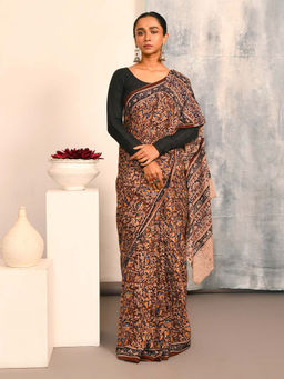 Indethnic - Kalamkari Handblock Mulmul Cotton Multi-Color Saree with Unstitched Blouse
