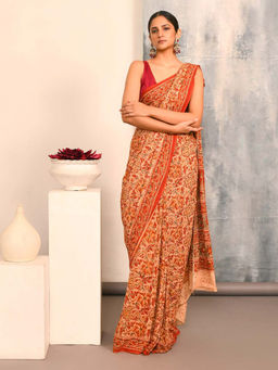 Indethnic - Kalamkari Handblock Mulmul Cotton Multi-Color Saree with Unstitched Blouse