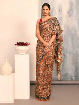 Indethnic - Kalamkari Handblock Mulmul Cotton Multi-Color Saree with Unstitched Blouse