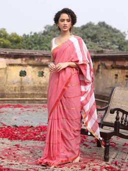 Indethnic - Pink Party Wear Saree with Unstitched Blouse