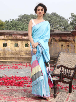 Indethnic - Blue Party Wear Saree with Unstitched Blouse