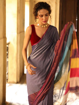 Indethnic - Purple Party Wear Saree with Unstitched Blouse