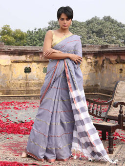 Indethnic - Grey Party Wear Saree with Unstitched Blouse