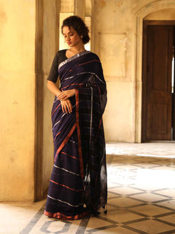 Indethnic - Navy Blue Color Blocked Party Wear Saree with Unstitched Blouse