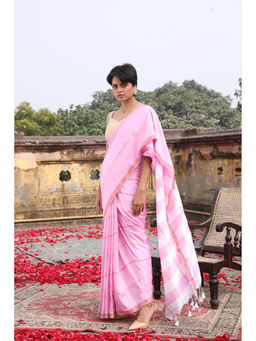 Indethnic - Pink Color Blocked Party Wear Saree with Unstitched Blouse