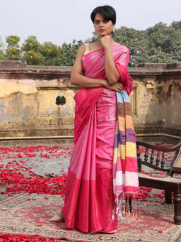 Indethnic - Pink Color Blocked Party Wear Saree with Unstitched Blouse
