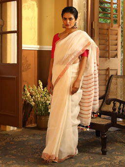 Indethnic - White Solid Daily Wear Saree with Unstitched Blouse