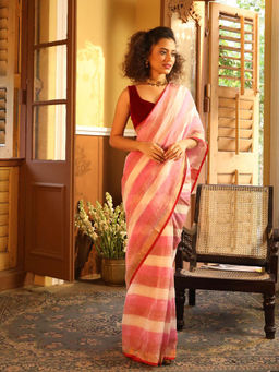 Indethnic - Pink Party Wear Saree with Unstitched Blouse