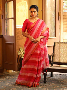 Indethnic - Red Party Wear Saree with Unstitched Blouse
